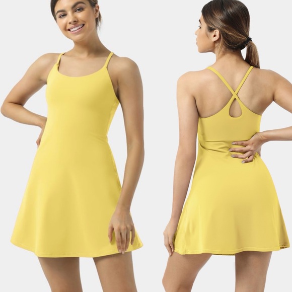 HALARA Dresses & Skirts - Halara Softlyzero Plush Criss cross Active Dress Yellow L Yoga Tennis Ballet NWT